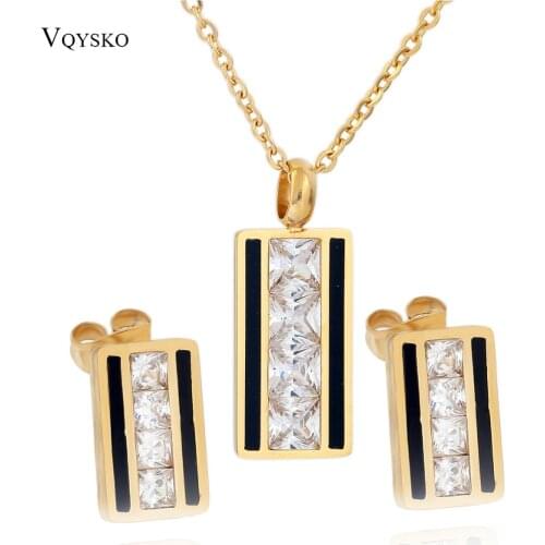 Gold Color Stainless steel Square Zircon Necklaces and Crystal Earring Jewelry set For Women Charm Jewelry
