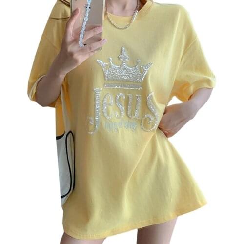 ZuoLunOuBa New Women Clothing Cotton T Shirt Temperament Sequins Queen Hat Embroidery Loose Summer High Quality Tees Tops Female