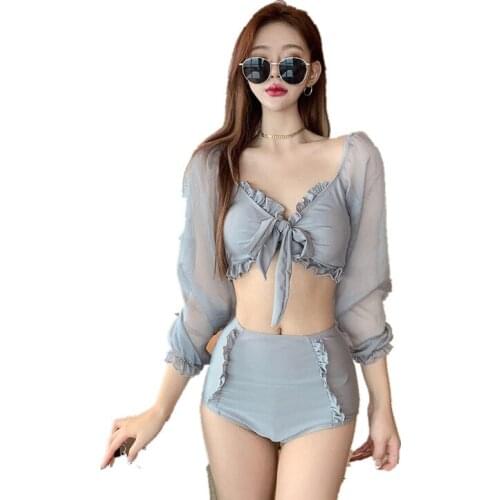 New Net Red Thin Section Slit Belly Conservative Female College Students Soaking Hot Spring Ins Wind Long-Sleeved Swimsuit