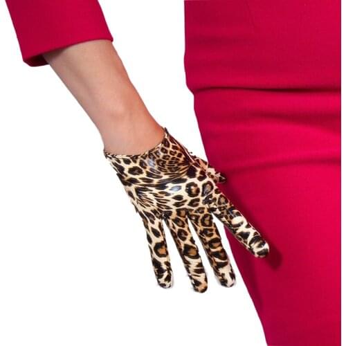 Leopard Leather Gloves 16cm Patent Leather Ultra Short Emulation Leather PU Bright Brown Leopard Animal Pattern Female PU29