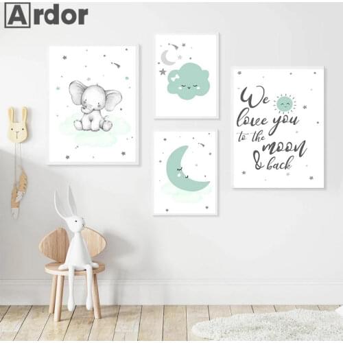 Elephant Animal Wall Art Poster Sun Moon Cloud Star Canvas Painting Nursery Print Quotes Print Nordic Picture Baby Room Decor
