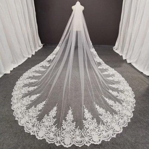 Real Photos Long Lace Bridal Veil with Comb 3.5 Meters 1 Layer Cathedral White Iovry Wedding Accessories 2020