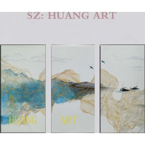 Modern hand painted Wall art Picture Abstract Oil Painting 3p blue and yellow line On Canvas Home Decor for living room no frame