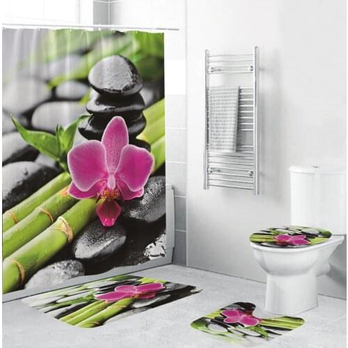 Zen Stone Flower Bamboo Fabric Shower Curtains Bathroom Curtain Anti-skid Rugs Toilet Lid Cover Bath Mat Set Home Decor