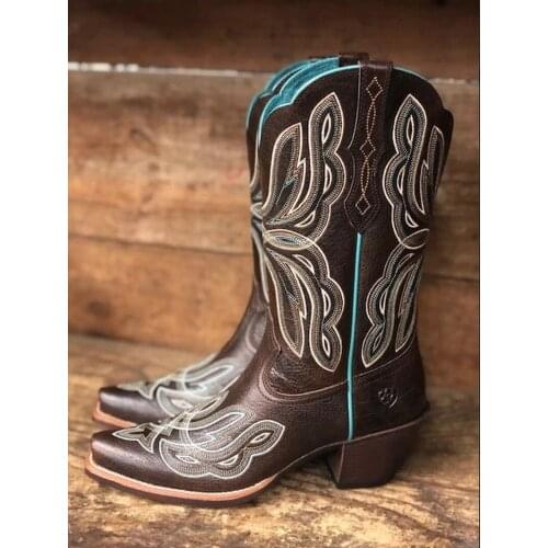 2020 New Brand Embroidered Western Retro Boots For Women Med Heels Pointy Toe High Quality Knee High Boot Women Shoes