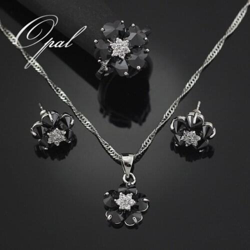 Black Onyx Flower Jewelry Sets For Women Silver Plated Necklace Pendant Earrings Rings Size 5.5 7.5 T002H