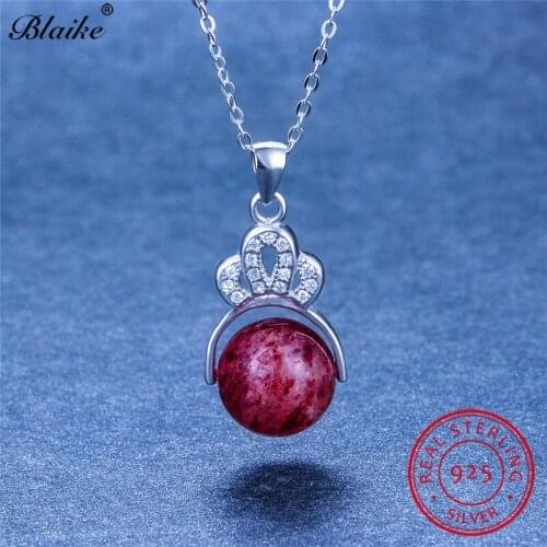 Blaike Real 925 Sterling Silver Necklace Pink Crystal Round Cute Crown Pendants For Women Wedding Clavicle Necklace Fine Jewelry