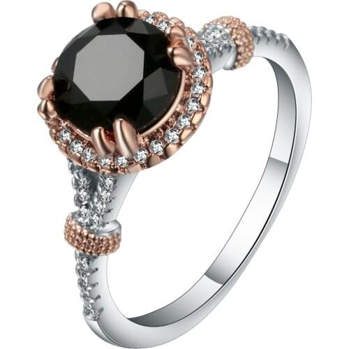 New Fashion Black Cubic Zirconia Claw Bead Designer Ladies Ring White Gold Filled Women Wedding Bands Finger Ring Bijoux Femme