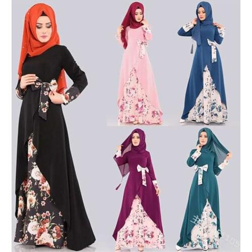 Caftan Marocain Ramadan Abaya Dubai Dress Women Floral Print Patchework Bow Kaftan Hijab Long Robe Muslim Dress Clothes Vestido