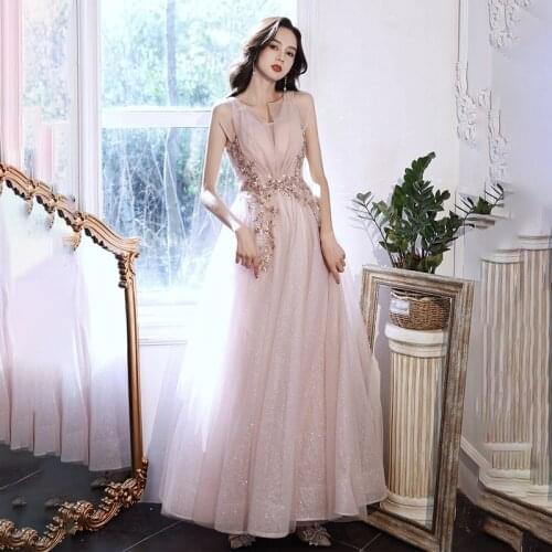 New Evening Dress Sequins A-Line Appliques V-Neck Elegant Empire Sleeveless Lace Up Floor-Length Woman Formal Party Gowns A1423