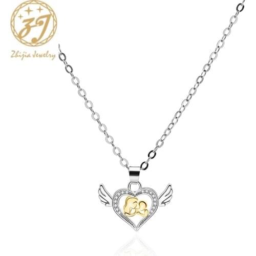 Zhijia heart shape angel wings family love mom daughter son pendant necklace for women mothers day gifts