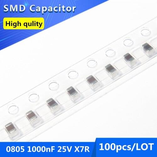 100pcs SMD Thick Film Chip Multilayer Ceramic Capacitor 0805 1000nF 1uF 25V X7R 10