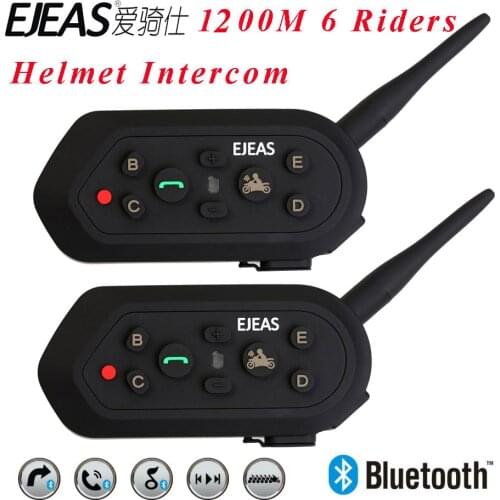 2 pcs EJEAS E6 Multifunctio Motorcycle Intercom VOX BT Headset Helmet Interphone Bluetooth Intercom for 6 Riders 1200M Communica