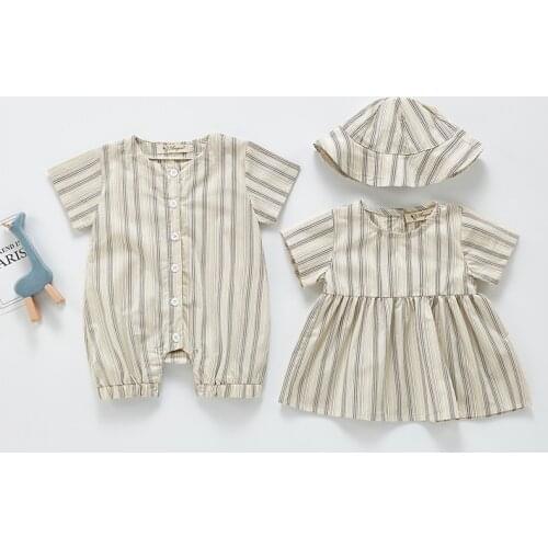 MILANCEl 2021 Summer Baby Clothing Brother And Sister Clothes Striped Boys Rompers Girls Dress with Hat