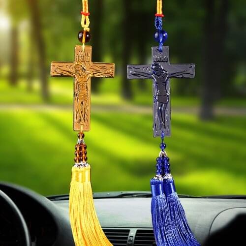 Car Ornament Pendant Crystal Jesus Christ Cross Christianity Auto Interior Rearview Mirror Decoration Accessory Hanging Gifts