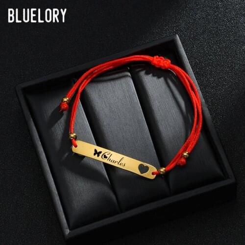 Bluelory Custom Engrave Letter Date Names Red String Women Charms Bracelets Stainless Steel Heart Jewelry For Girlfriend Gift