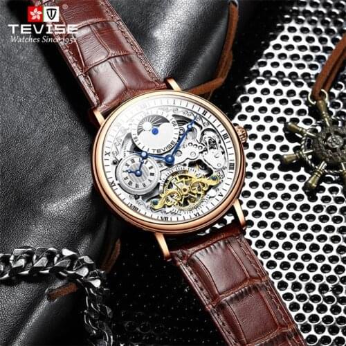 TEVISE Tourbillon Luxury Business Moon Phase Men Watch Dual Time Automatic Mechanical Male self-wind Clock Waterproof Watches
