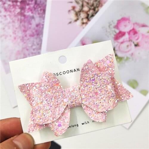 1PCS Pink Tie Leather Glitter 3.2 Inch Bow Elastic Hair Bands Hairpins Party Clip Barrettes Hair Accessories For Baby Girls NEW