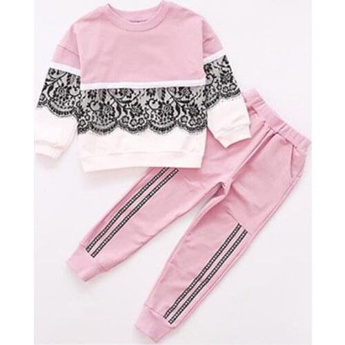 Kids Girls Clothing Sets Fashion Lace Splice Sweater Tops T-shirt and Casual Pants Two Piece Sport Childrens Cotton Clothes Set