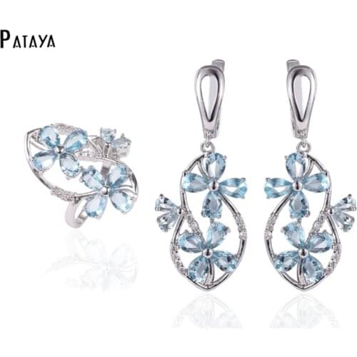 PATAYA Light Blue Flowers True White Gold Jewelry Sets Natural Zirconia Ring Long Earring Set Women Romantic Jewelry Accessories