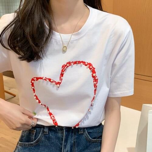 Korean Fahsion Beading Casual T Shirt Women All Match Short Sleeve Camisetas De Mujer Cotton Round Neck Tee Shirt Femme Clothing