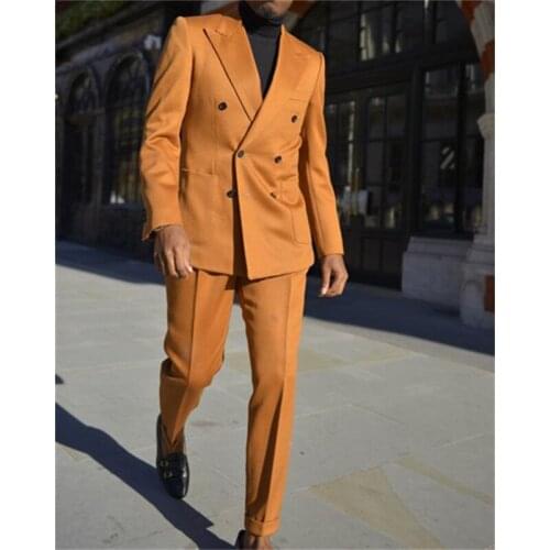 Orange Double Breasted Mens Suits Slim Fit Groom Wear Two Pieces Formal Business Peaked Lapel Wedding Dress Suit Jacket Pants
