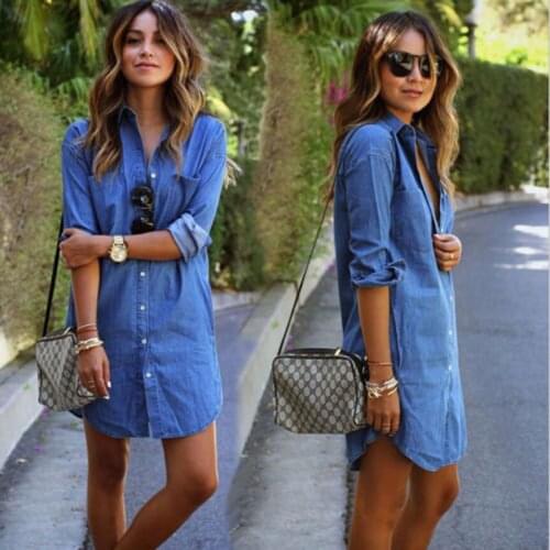 S-XL New Brand arrival Womens Blue Mini Dress Jeans Denim T-Shirt Long Sleeve Casual Solid Hot Sale Loose Shirt Mini Dress