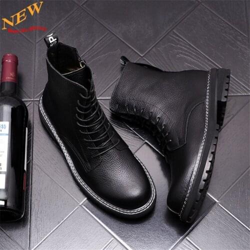 Autumn Fashion Black Leather Men Martin Shoes Hip Hop Motorcycle Shoes Ankle Boots High Tops Zapatillas Hombre