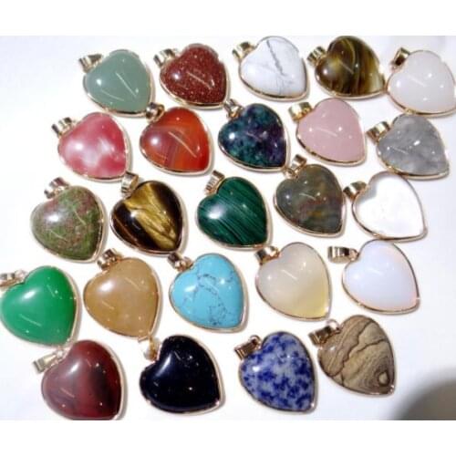 Natural Gem Stone Quartz Crystal Tiger Eye Opal Unakite Gold Side Heart Shaped Charms Pendants For Jewelry Making Necklace 1pc