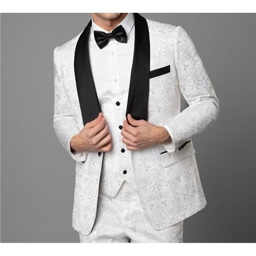 New Custom Made Groom Tuxedos Groomsmen Red White Black Shawl Lapel Best Man Suit Wedding Mens Blazer Suits(Jacket+Pants+Vest)