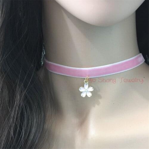 NEW Fashion Cherry Blossoms Pendant Pink Velvet Necklace Statement Sweater Choker Handmade Jewelry Wonderful Gift