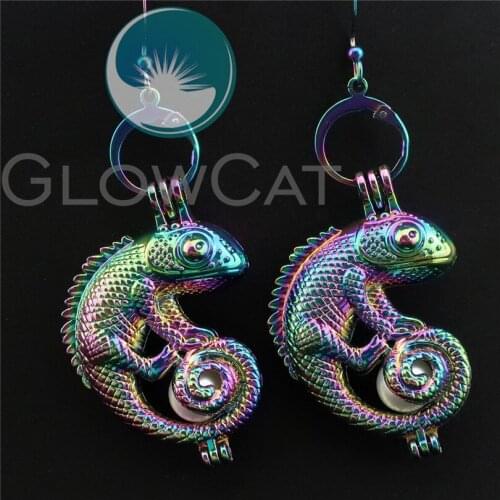 R-CE240 Rainbow Lizard Earrings Beads Pearl Cage Locket Perfume Aromatherapy Statement Drop Dangle Earring for Women