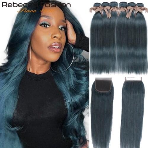 Rebecca S Blue Bundles With Closure Brazilian Straight Remy Human Hair 3 Bundles S Blue With Closure