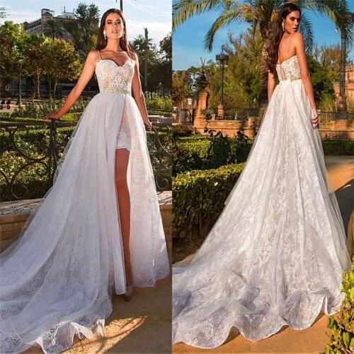 Sexy Spaghetti Strips Sheath Wedding Dresses Lace Appliques Bridal Gowns Sexy Split Side Long Custom Made Wedding Wear