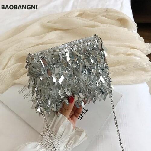 Silver Sequin Rhinestone Tassel Women Small Crossbody Bags Handmade Beaded Ladies Party Evening Clutch Purse Fashion Handbags
