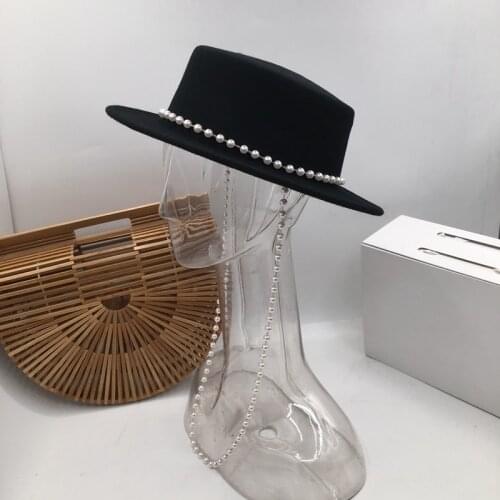 Fedora panama Trill big V big beauty with black wool hat fashion female British pearl short eaves flat hat
