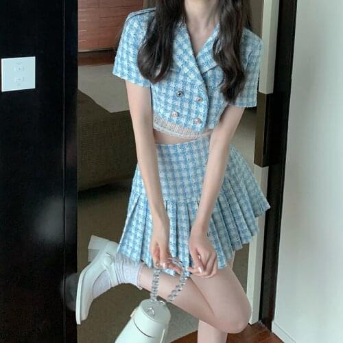 Notched Collar Tweed Cropped Jackets + High Waist Pleated Skirts Set Two Piece Tracksuit Zipper Elegant Sweet Girls Outfits C984