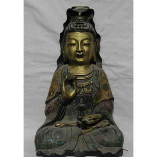 USPS to USA S2324 15" Chinese Cloisonne Bronze 24K Gold Gilt Seat Kwan-yin Guan Yin Goddess Statue