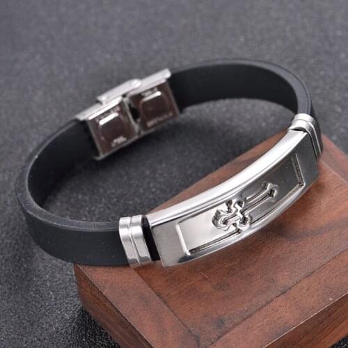 Vintage Cross Men Bracelet Charm Jewelry Religious Stainless Steel Clasp Silicone Bracelets