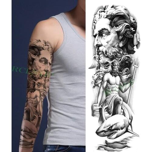 Waterproof Temporary Tattoo Sticker Roma Man with Trident Shark Full Arm Big Fake Tatto Flash Tatoo for Men Women