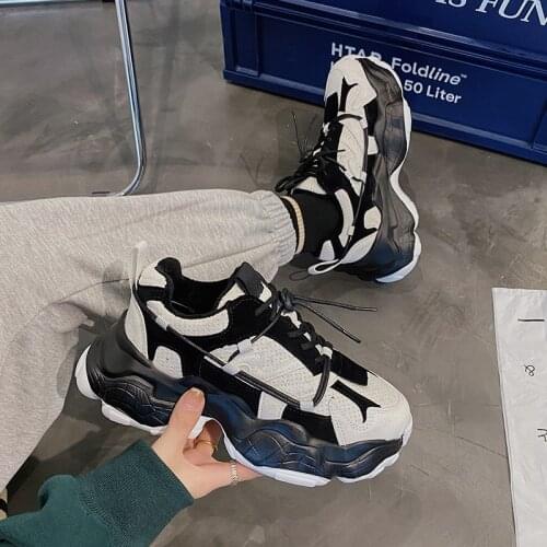 Platform Sneakers Round Toe 2021 Spring Womens Chunky Shoes Lace Up Black Female Trainers Dad Shoes Tenis Feminino