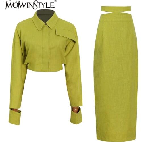 TWOTWINSTYLE Korean Two Piece Suit Women Clothing Crop Top High Waist Cut Out Split Bodycon Skirt Sets Female 2021 Style New