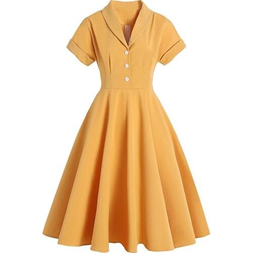 Yellow Dress Women Turn Down Collar Solid Midi Dresses For Women 2021 Summer Short Sleeve Elegant Fashion Clothes Female CX1625