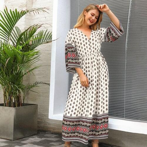 Jastie Vintage Boho Print Women Maxi Dress Summer 2020 V Neck High Waist Three Quarter Vestido Retro Chic Ethnic Long Dress