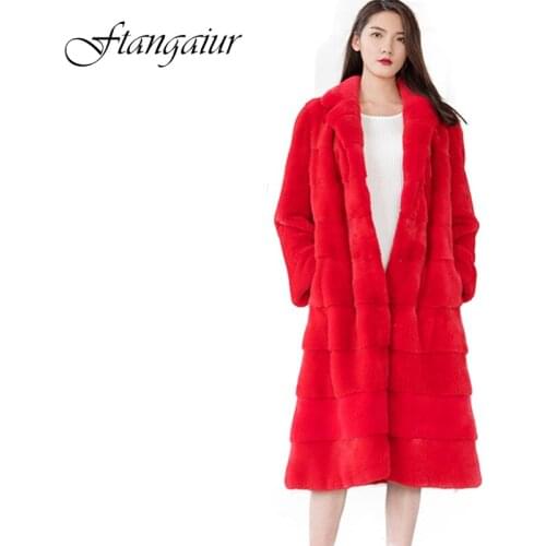Fang Tai Fur 2019 Import Velvet Mink Fur Coat V-Neck Solid Red Full Sleeve Mink Coats Womens X-Long Slim Real Mink Fur Coats