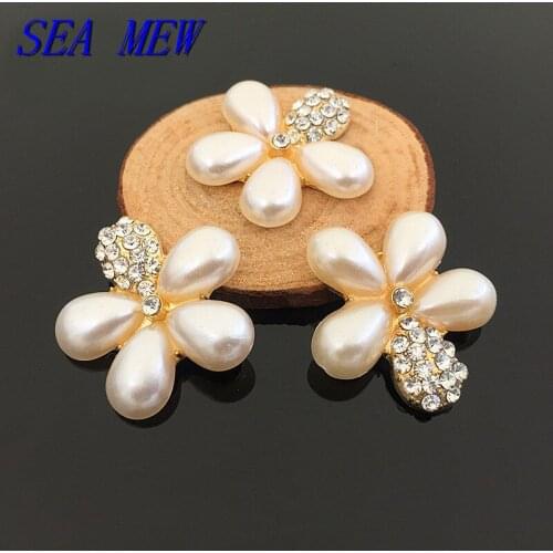 10 PCS 32mm Fashion Metal Alloy KC Gold Imitation Pearl Flowers Crystal Rhinestone Flowers Connectors Charm For Jewelry Making