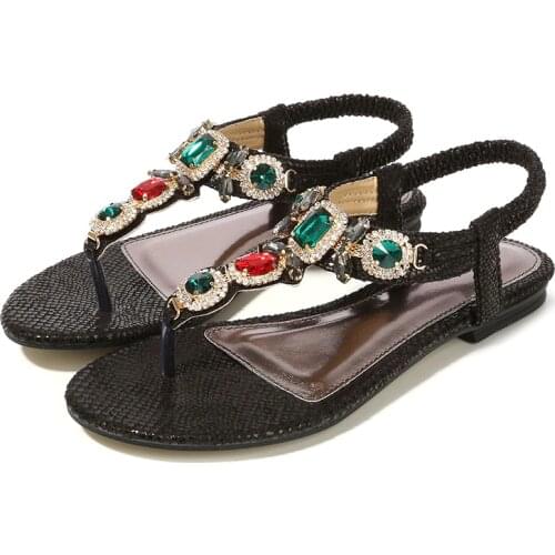 2021 Retro Bohemian Crystal Sandals Women New Casual Flats Beach Shoes Flip Flops Ladies Large Size Gladiator Female Footwear