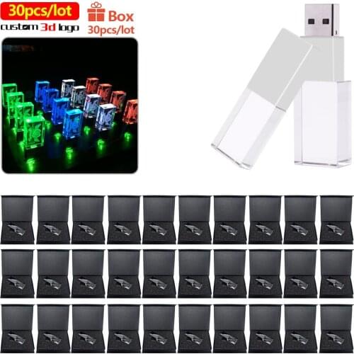30pcs/lot usb interface Crystal LED light Flash drive pen 64GB 32GB 16GB Flash Drive stick free custom 3d logo For photography