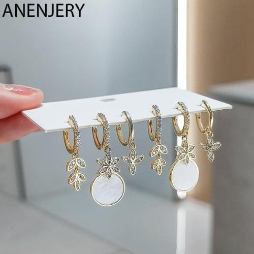 ANENJERY 6 pieces/set 925 Sterling Silver Micro Zircon Disc Flower Pendant Hoop Earrings Set For Women Sweet Temperament Jewelry
