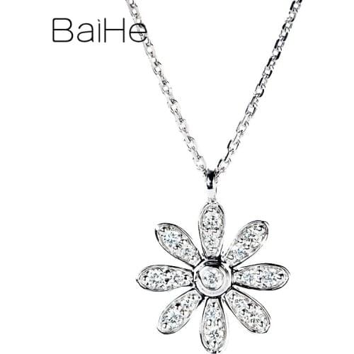 BAIHE Solid 18K White Gold 0.20ct Round Natural Diamonds Engagement Fine Jewelry Gift Beautiful flower diamond pendant Necklaces